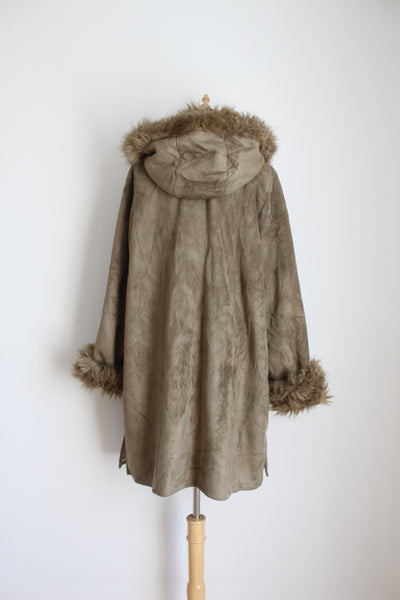 VINTAGE FAUX FUR SUEDE HOODED JACKET KHAKI - SIZE 16