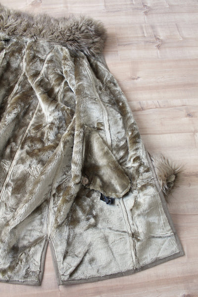 VINTAGE FAUX FUR SUEDE HOODED JACKET KHAKI - SIZE 16