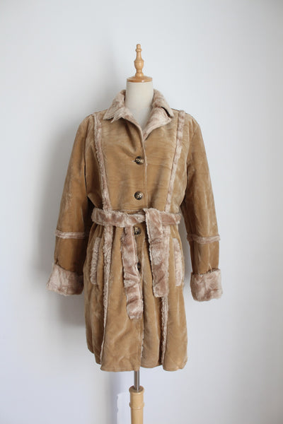 VINTAGE FAUX SUEDE FUR BELTED COAT TAN - SIZE 10