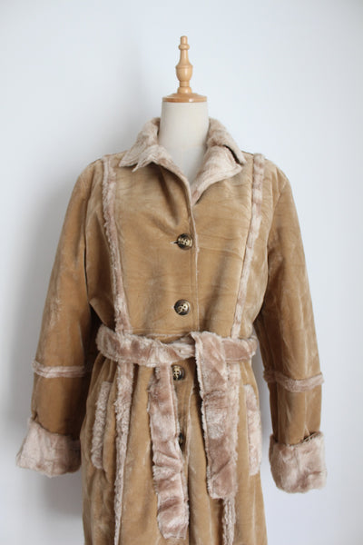 VINTAGE FAUX SUEDE FUR BELTED COAT TAN - SIZE 10
