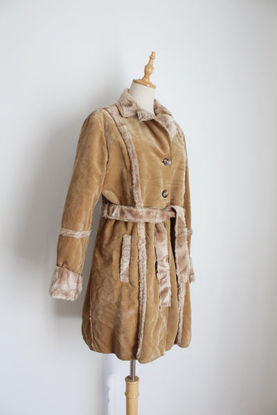 VINTAGE FAUX SUEDE FUR BELTED COAT TAN - SIZE 10