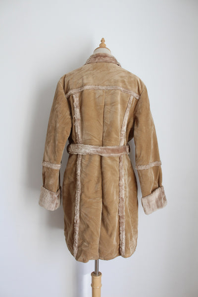 VINTAGE FAUX SUEDE FUR BELTED COAT TAN - SIZE 10