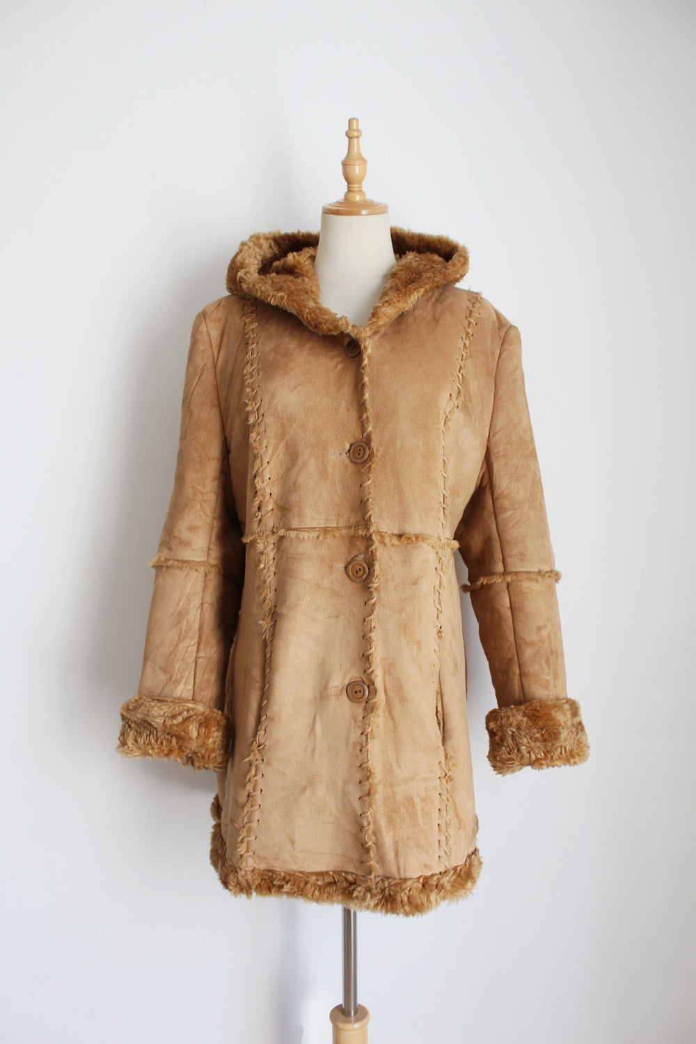VINTAGE FAUX SUEDE FUR HOODED COAT TAN - SIZE 10 – Lehza Vintage