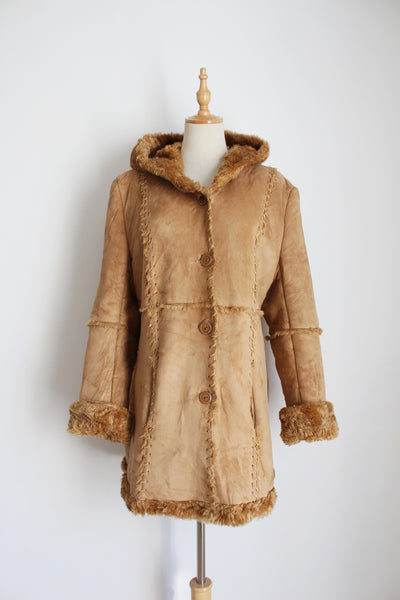 VINTAGE FAUX SUEDE FUR HOODED COAT TAN - SIZE 10