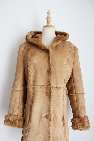 VINTAGE FAUX SUEDE FUR HOODED COAT TAN - SIZE 10