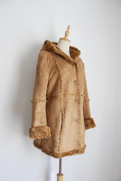 VINTAGE FAUX SUEDE FUR HOODED COAT TAN - SIZE 10