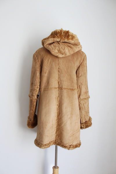 VINTAGE FAUX SUEDE FUR HOODED COAT TAN - SIZE 10