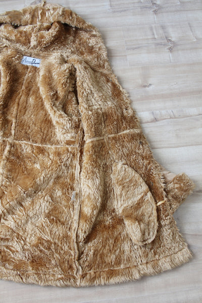 VINTAGE FAUX SUEDE FUR HOODED COAT TAN - SIZE 10