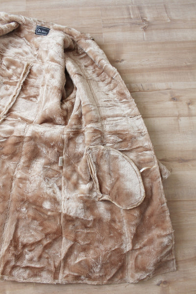 VINTAGE FAUX SUEDE FUR BELTED COAT TAN - SIZE 10