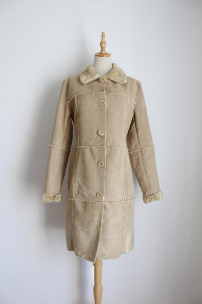 VINTAGE FAUX SUEDE FUR COAT CREAM - SIZE 8