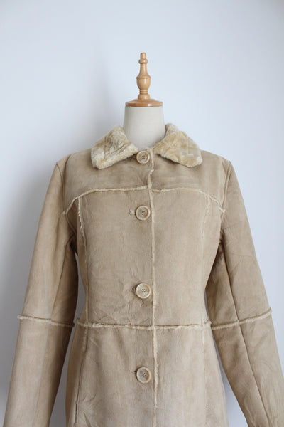VINTAGE FAUX SUEDE FUR COAT CREAM - SIZE 8