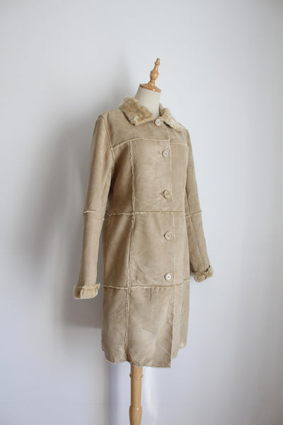 VINTAGE FAUX SUEDE FUR COAT CREAM - SIZE 8
