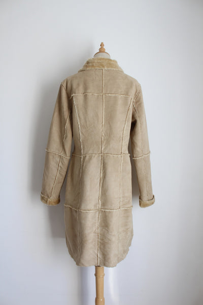 VINTAGE FAUX SUEDE FUR COAT CREAM - SIZE 8