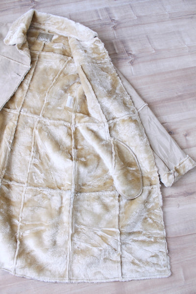 VINTAGE FAUX SUEDE FUR COAT CREAM - SIZE 8