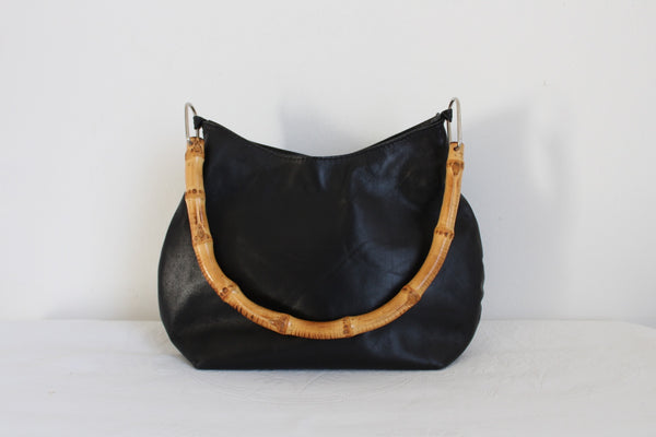 GENUINE LAMBSKIN BAMBOO HANDLE BAG BLACK