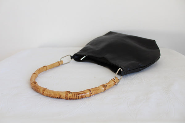 GENUINE LAMBSKIN BAMBOO HANDLE BAG BLACK