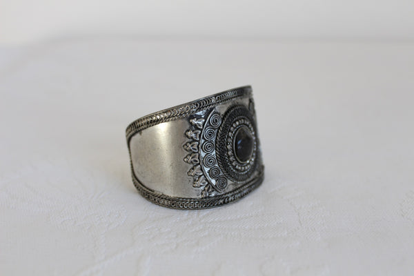 GEM STONE SILVER TONE CUFF BANGLE