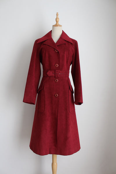 VINTAGE FAUX SUEDE TRENCH COAT RED - SIZE 8