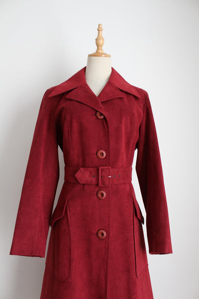 VINTAGE FAUX SUEDE TRENCH COAT RED - SIZE 8