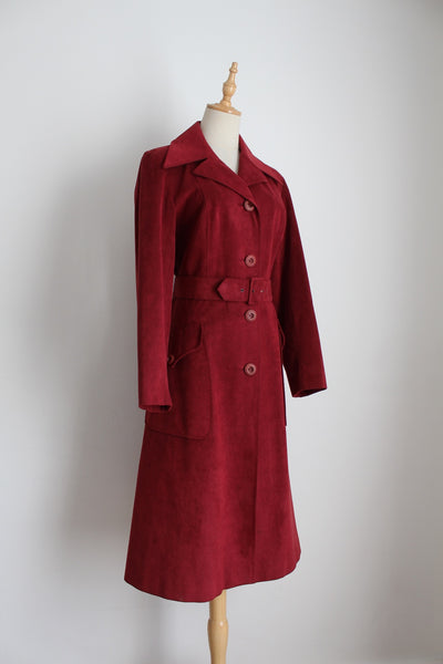 VINTAGE FAUX SUEDE TRENCH COAT RED - SIZE 8