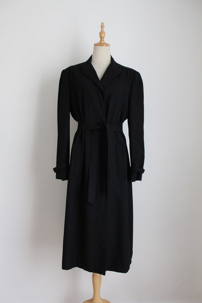 100% WOOL VINTAGE BELTED COAT BLACK - SIZE 14