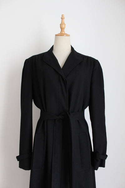 100% WOOL VINTAGE BELTED COAT BLACK - SIZE 14