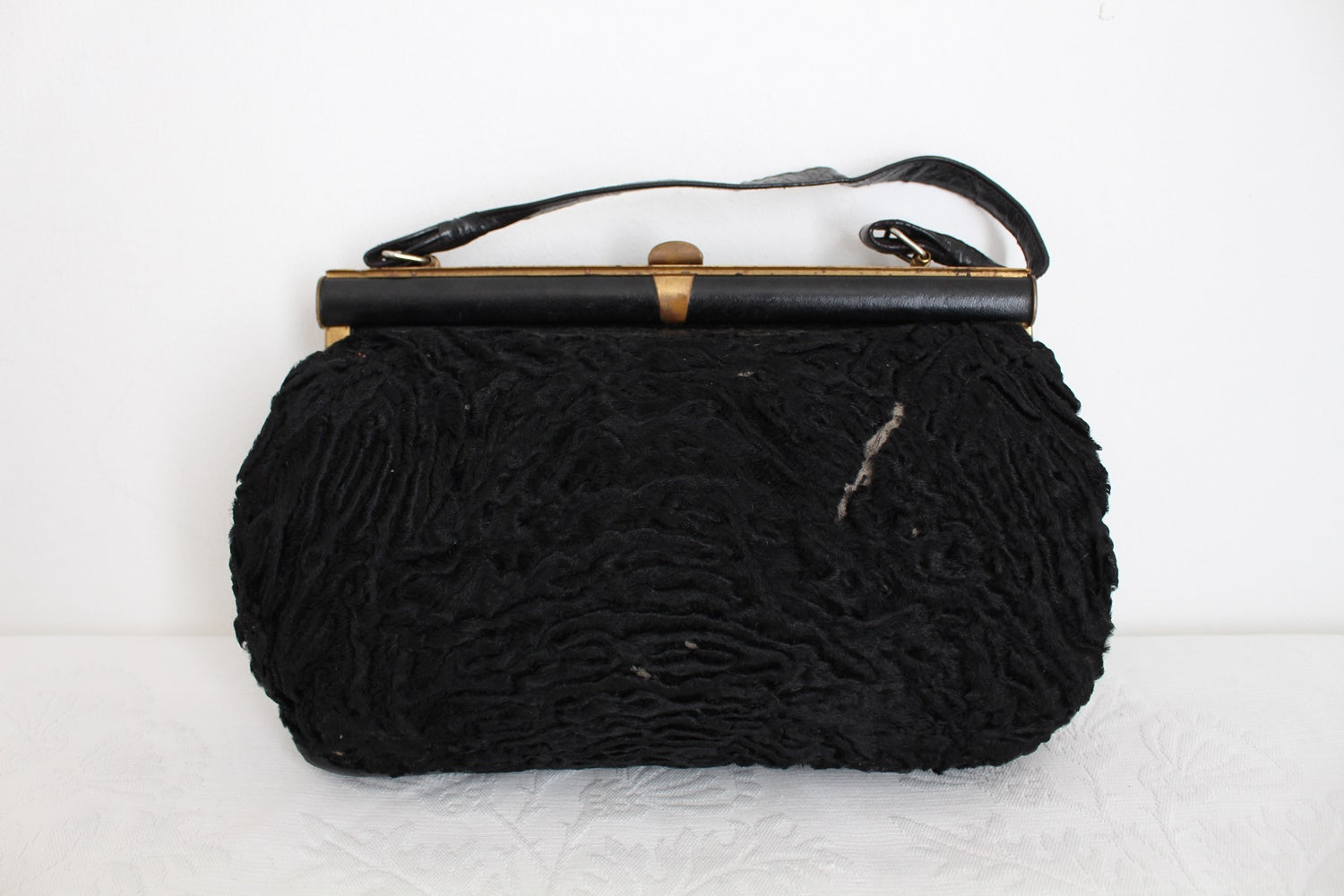 VINTAGE GENUINE KARAKUL FUR BAG MUFF BLACK