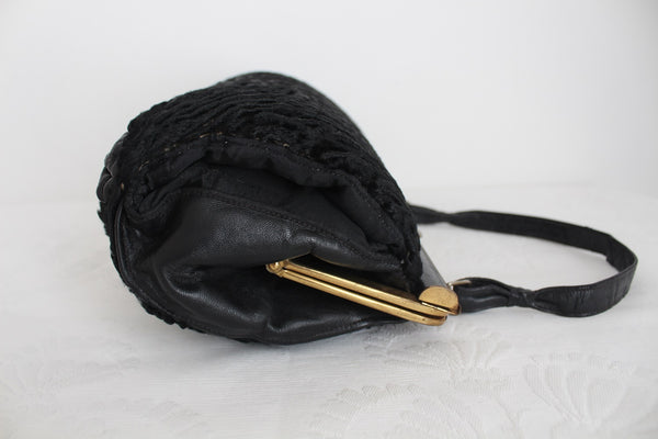 VINTAGE GENUINE KARAKUL FUR BAG MUFF BLACK