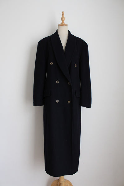VINTAGE DOUBLE BREASTED WOOL COAT NAVY - SIZE 10