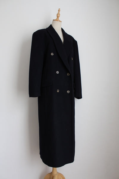 VINTAGE DOUBLE BREASTED WOOL COAT NAVY - SIZE 10