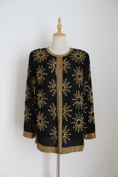 100% SILK BEADED BLOUSE BLACK GOLD - SIZE 10