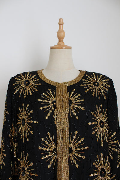 100% SILK BEADED BLOUSE BLACK GOLD - SIZE 10