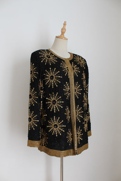 100% SILK BEADED BLOUSE BLACK GOLD - SIZE 10