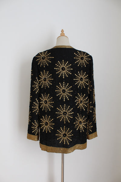 100% SILK BEADED BLOUSE BLACK GOLD - SIZE 10