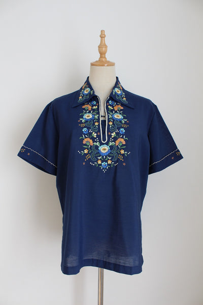 LILY CHINESE EMBROIDERY BLOUSE NAVY - SIZE 10