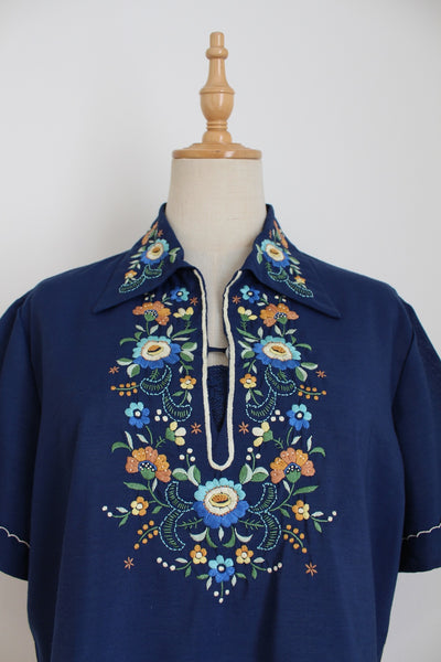 LILY CHINESE EMBROIDERY BLOUSE NAVY - SIZE 10