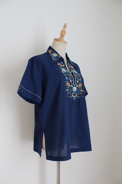 LILY CHINESE EMBROIDERY BLOUSE NAVY - SIZE 10