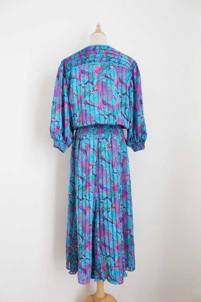 VINTAGE PLEATED DRESS BLUE - SIZE 14