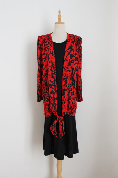 VINTAGE ABSTRACT DROP WAIST DRESS RED - SIZE 8