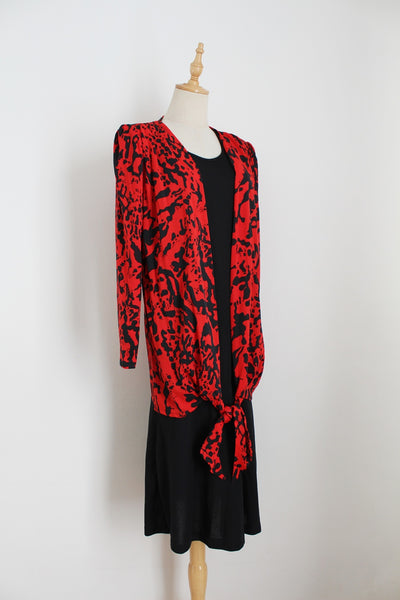 VINTAGE ABSTRACT DROP WAIST DRESS RED - SIZE 8
