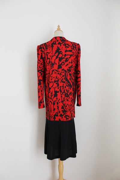 VINTAGE ABSTRACT DROP WAIST DRESS RED - SIZE 8