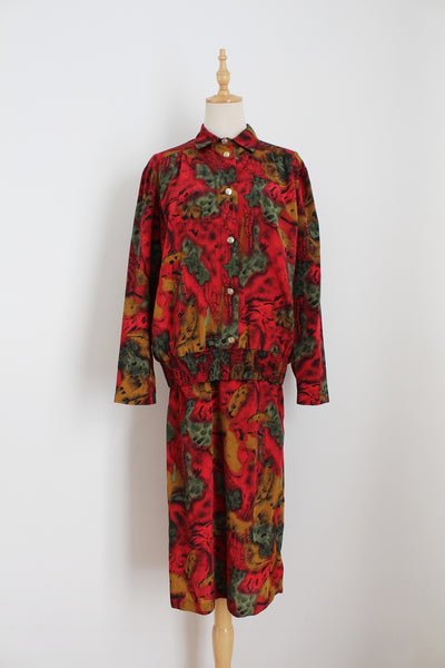 VINTAGE DROP WAIST LONG SLEEVE DRESS RED - SIZE 8