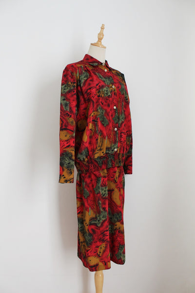VINTAGE DROP WAIST LONG SLEEVE DRESS RED - SIZE 8