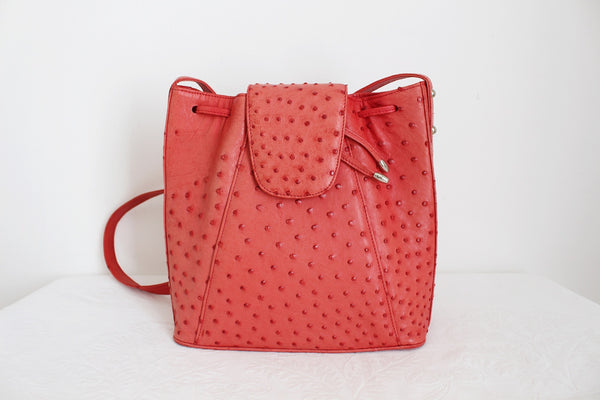 OSTRICH LEATHER BUCKET BAG CORAL