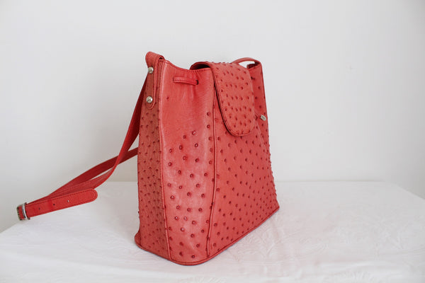 OSTRICH LEATHER BUCKET BAG CORAL