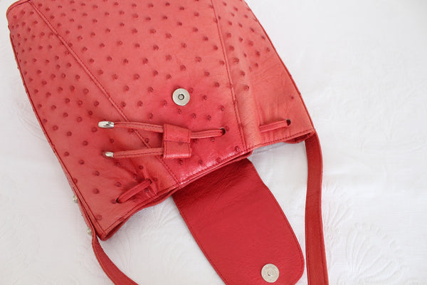 OSTRICH LEATHER BUCKET BAG CORAL