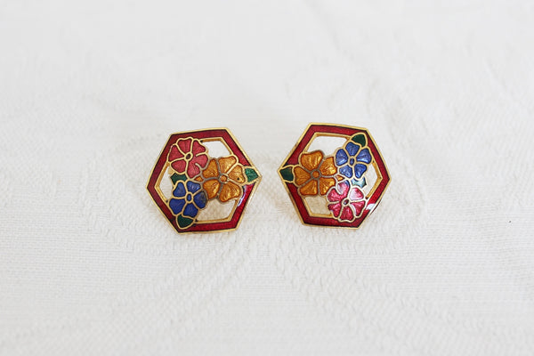 VINTAGE CLOISONNE ENAMEL CLIP-ON EARRINGS