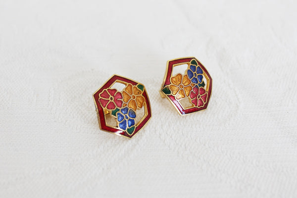 VINTAGE CLOISONNE ENAMEL CLIP-ON EARRINGS