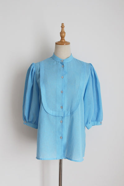 VINTAGE HIGH COLLAR BLOUSE BLUE - SIZE 12