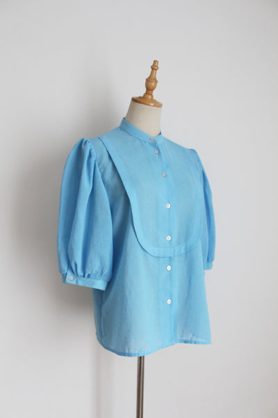VINTAGE HIGH COLLAR BLOUSE BLUE - SIZE 12